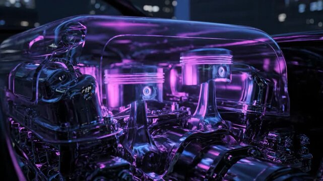 Illuminated car engine reveals intricate components with glowing purple hues. Detailed close-up highlights modern design in urban environment at night. Concept of automotive, engineering, technology