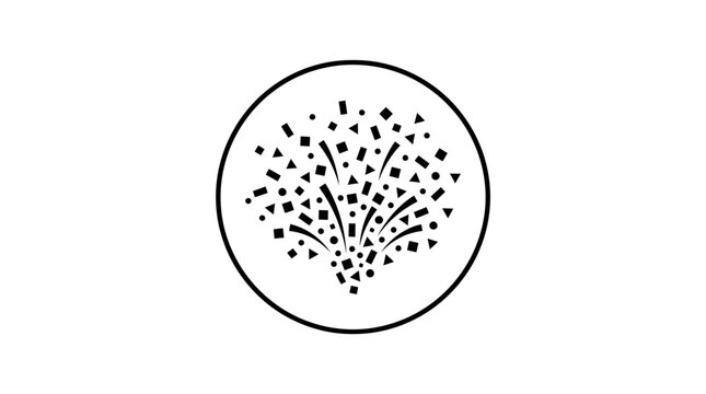 A black and white illustration of a circle with various shapes exploding outward.