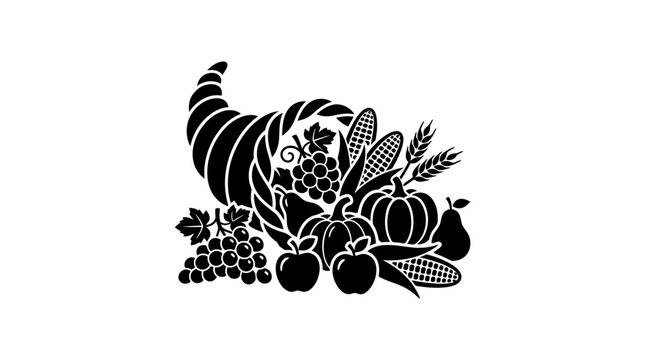 A vibrant still life illustration of a horn overflowing with fruits, vegetables, and grains on a plain background.