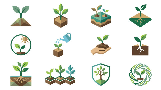 Collection of plant growth icons representing different stages of development and care.