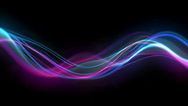 Abstract colorful glowing background with dynamic fractal light waves, neon blue and purple energy lines, flowing curves and motion texture for futuristic technology design wallpaper