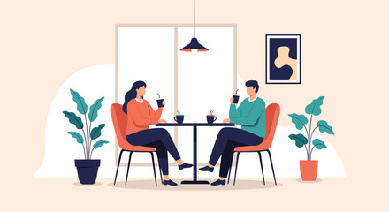 Fototapeta premium Man and woman are sitting at a table in a cozy cafe enjoying hot drinks and having a pleasant conversation.