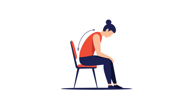 Woman sitting on a chair is demonstrating poor posture with a hunched back while looking down in a simple room.