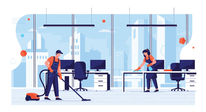 Professional cleaning service staff members are working hard to vacuum and wipe desks in a modern office space.