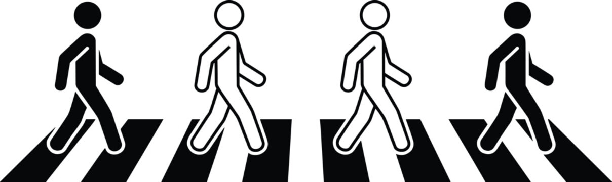 Vector illustration of pedestrian crosswalk icons with walking stick figures representing movement, unity, and iconic street design