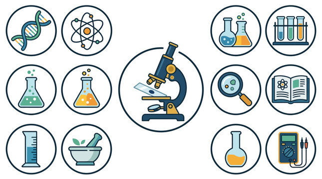 Collection of science and laboratory icons and symbols.