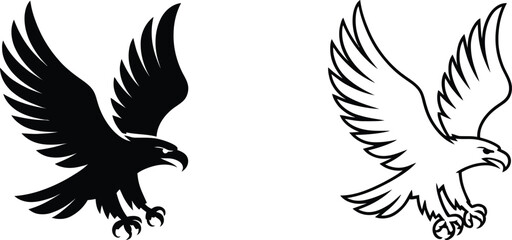 Fototapeta premium Flying eagle icon set with solid black and outline swooping hawk bird of prey wildlife symbol collection