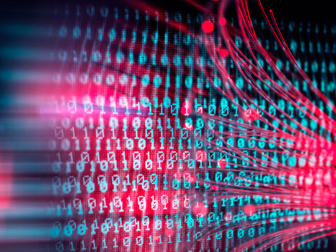 Red fiber optic attacking digital binary code
