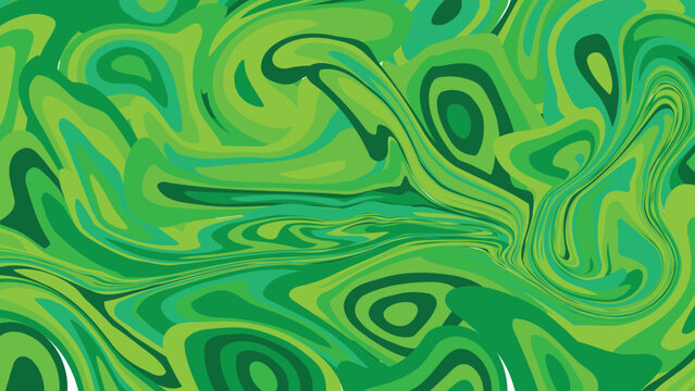 Psychedelic green liquid marble texture, abstract swirling malachite pattern vector, vibrant emerald and lime fluid wave background