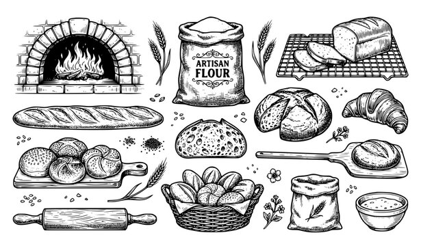 Black and White Bread and Bakery Kitchen Sketch Vector Set