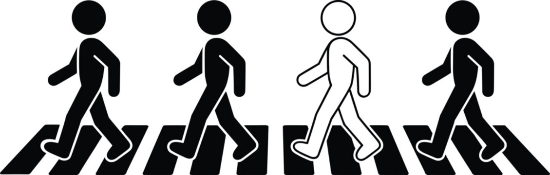 Vector illustration of pedestrian crosswalk icons with walking stick figures representing movement, unity, and iconic street design