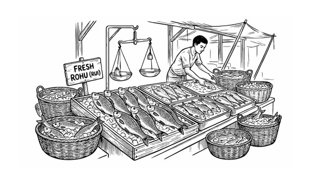 Weekend Fish Market with Rohu Rui Fish Vector Illustration