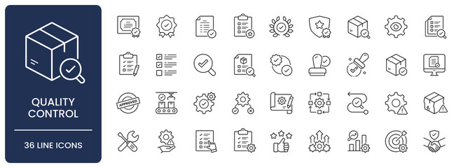 Quality control icon set. Collection of quality assurance, standard compliance, product inspection, defect testing and performance evaluation line icon vector illustration with editable stroke. © Stock_Koom
