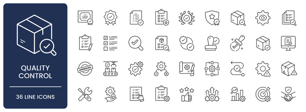 Quality control icon set. Collection of quality assurance, standard compliance, product inspection, defect testing and performance evaluation line icon vector illustration with editable stroke.