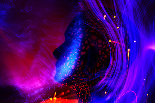 Futuristic artificial intelligence avatar in neon cyberspace