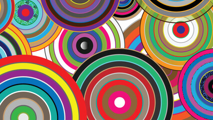 Fototapeta premium Psychedelic concentric circles background, colorful geometric target pattern vector, vibrant abstract round shapes for creative wallpaper