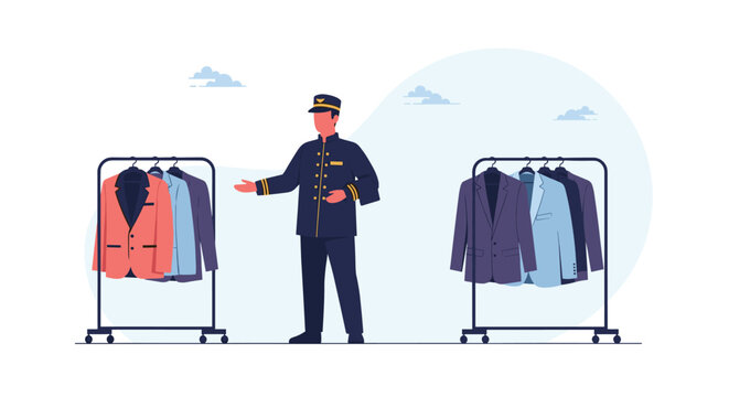 Hotel porter or valet in uniform presenting racks of business suits and formal wear for guests in luxury accommodation.