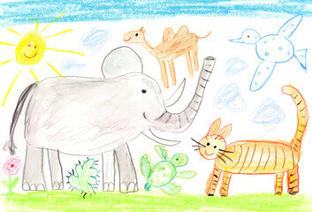 Colorful drawing of cheerful zoo animals from Africa