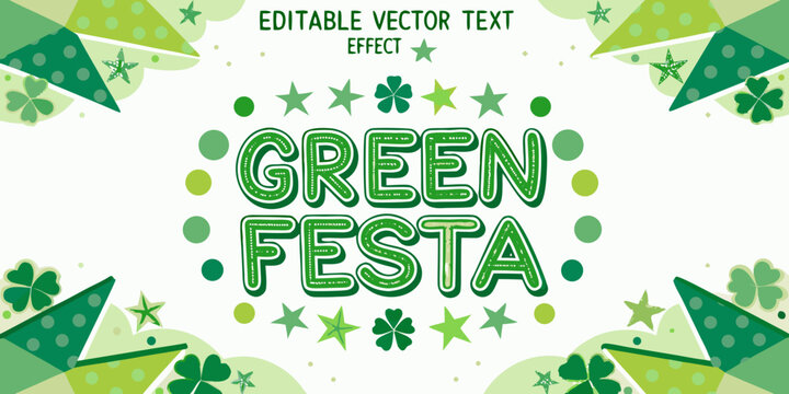 Green festa text effect with clover and star vector illustration