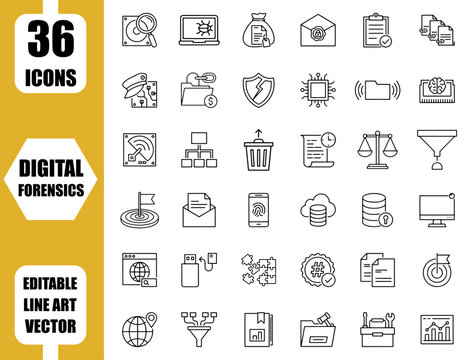 Digital forensics line icons collection with editable stroke, cyber security, data recovery, fraud investigation, internet crime and more.