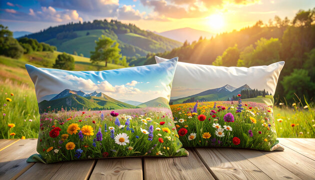 Scenic landscape pillows on wooden deck against sunset mountains