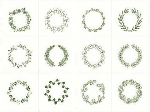  A collection of  hand-drawn botanical wreaths and laurel frames arranged in a 3x4 grid. They feature a muted olive-green color palette.