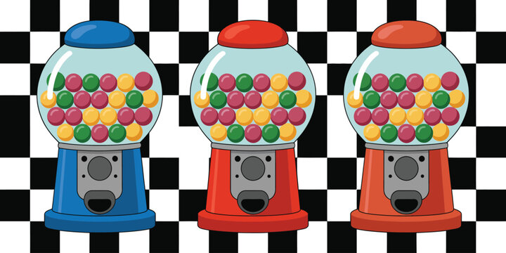 Gumball Machine vector illustration featuring colorful candy ball dispensers in full partial and empty variations for playful retail and vending design