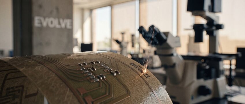 Laser engraving flexible circuit board inside modern nanotechnology laboratory, manufacturing microchips and precision electronics with laser marking technology for high-tech engineering industry.