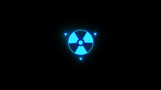 Glowing Blue Radioactive Symbol Rotating in Futuristic Cyberpunk Style.