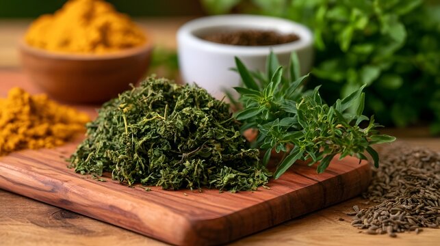 A rustic arrangement of fresh herbs dried spices and colorful powders displayed artfully on a warm wooden surface