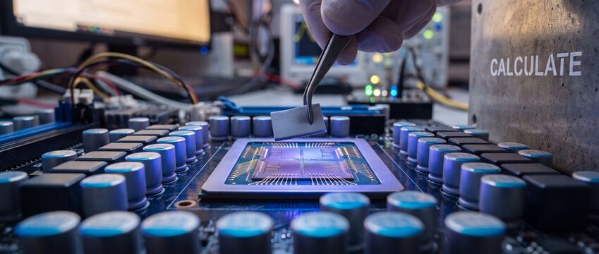 Microchip processor installation on motherboard using tweezers in science engineering laboratory, showcasing advanced hardware technology, semiconductor CPU development, and high-performance computing