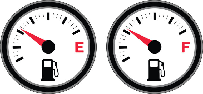 Fuel Gauge vector illustration featuring empty and half full gas meter symbols for vehicle dashboard transportation monitoring and automotive interface