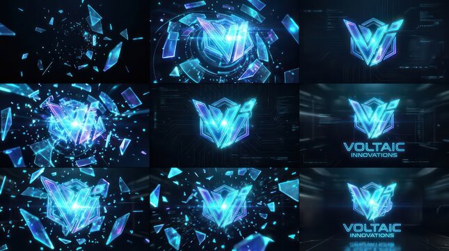 Digital tech logo reveal animation frames featuring shattered glass and neon light effects.