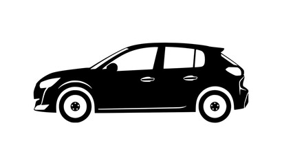 Fototapeta premium Compact hatchback car silhouette side view black vector illustration with modern urban automobile icon isolated on white background