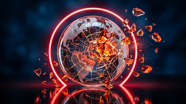 Shattered glass Earth globe exploding with glowing red neon ring