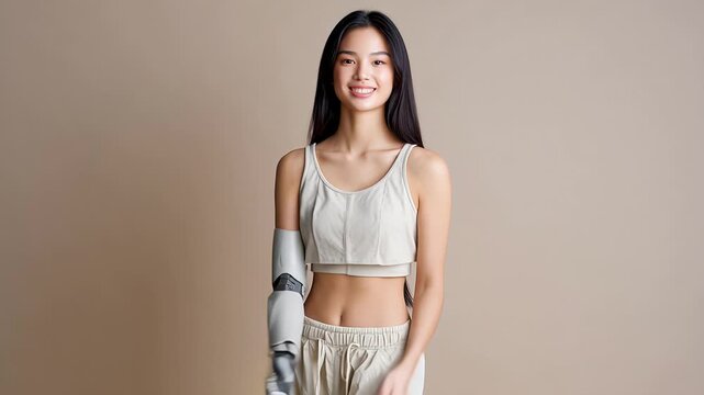 Confident woman with prosthetic arm smiling in casual outfit against neutral background