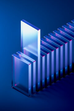 Abstract 3D glass blocks arranged in a row with blue neon lighting