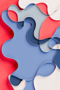 Flowing 3d abstract shapes in red blue and white with layered design