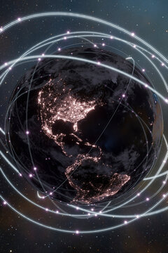 3D render of Earth at night with global communication network