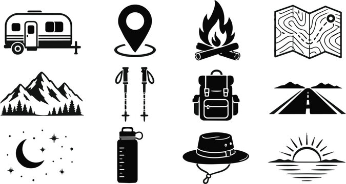 Black White Camping Hiking Outdoor Adventure Icons Set
