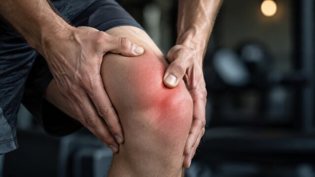 Close-up of a man gripping his inflamed knee with both hands inside a gym environment. Visible redness and swelling around the kneecap, muscular thighs