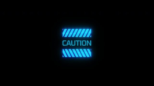 Neon blue digital caution warning sign glowing in dark environment.
