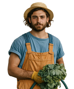Portrait of a young farmer in straw hat and overalls holding fresh green vegetables  isolated on transparent or white background, png