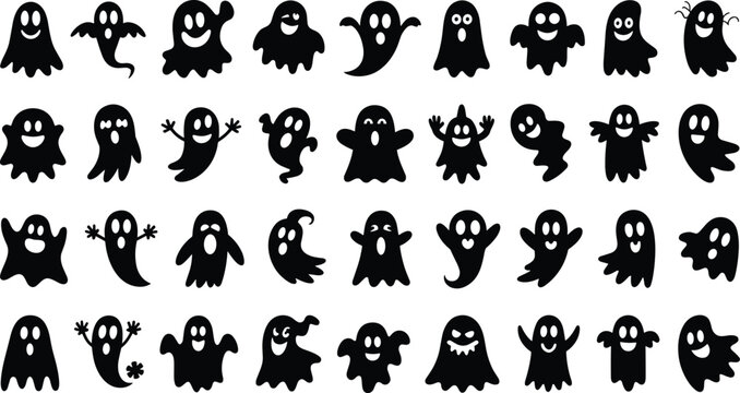Cute Halloween ghost silhouette collection vector set illustration isolated on white background for spooky holiday party graphic design elements
