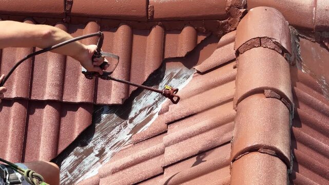 Roof renovation process with spray painting of roof tiles, including priming and applying second coat of paint on a residential roof, showing professional exterior maintenance and refurbishment work.