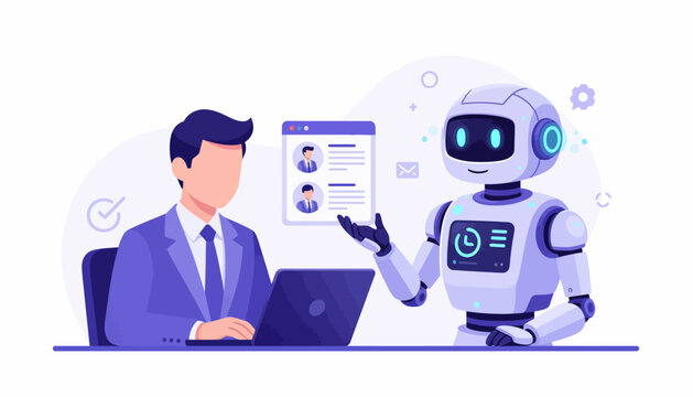 Corporate worker and AI robot collaborate on hiring process