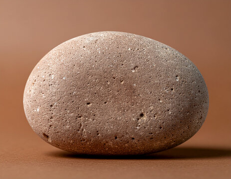 minimalist studio shot of a single textured brown river pebble stone on a solid matching brown background