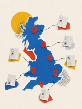 United Kingdom election abstract collage background with uk map and paper votes for political polling concept