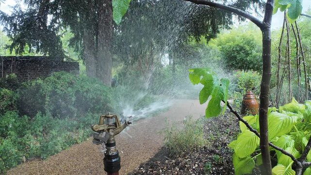 Irrigation system at work watering beautiful plants in a garden