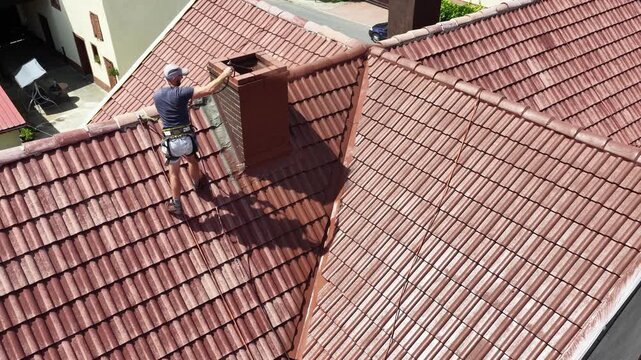 Roof renovation process with spray painting of roof tiles, including priming and applying second coat of paint on a residential roof, showing professional exterior maintenance and refurbishment work.